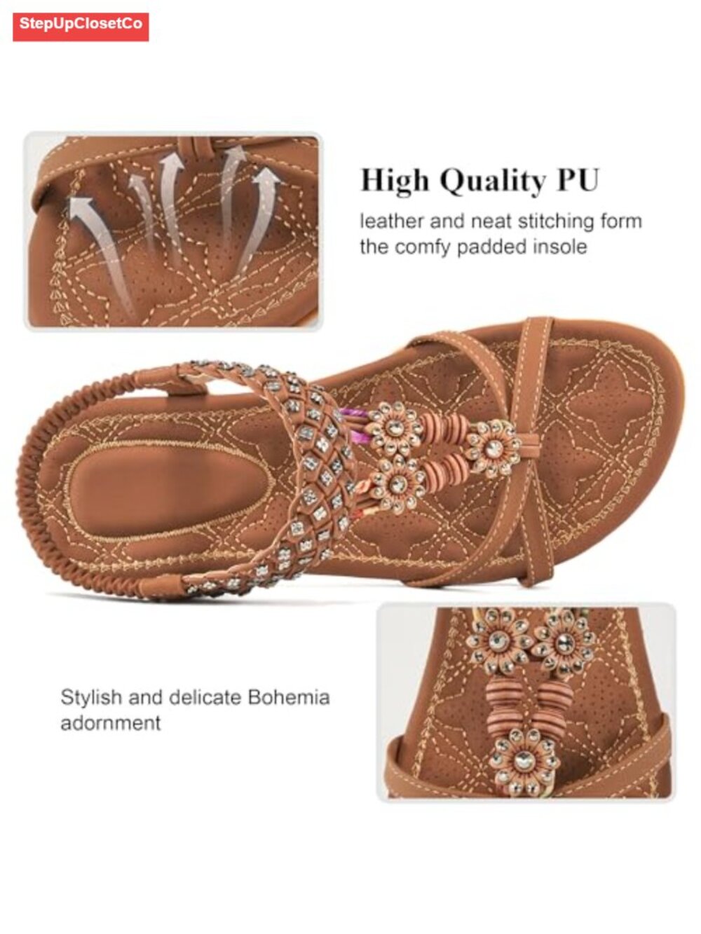 Bohemian Beaded Sandals with Ankle Elastic Strap - Comfort Flat Sandals Women - Picture 3 of 6